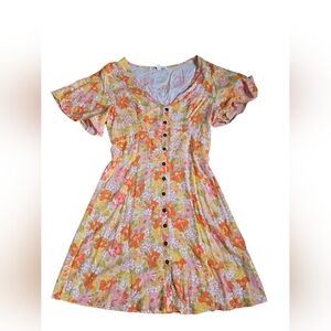 Kohl's Retro Floral Print Button Front Mini Dress Butterfly Sleeves Size M NWT